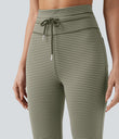 High Waisted Drawstring Stripe Flare Yoga Pants with Pockets - Camo Olive Green