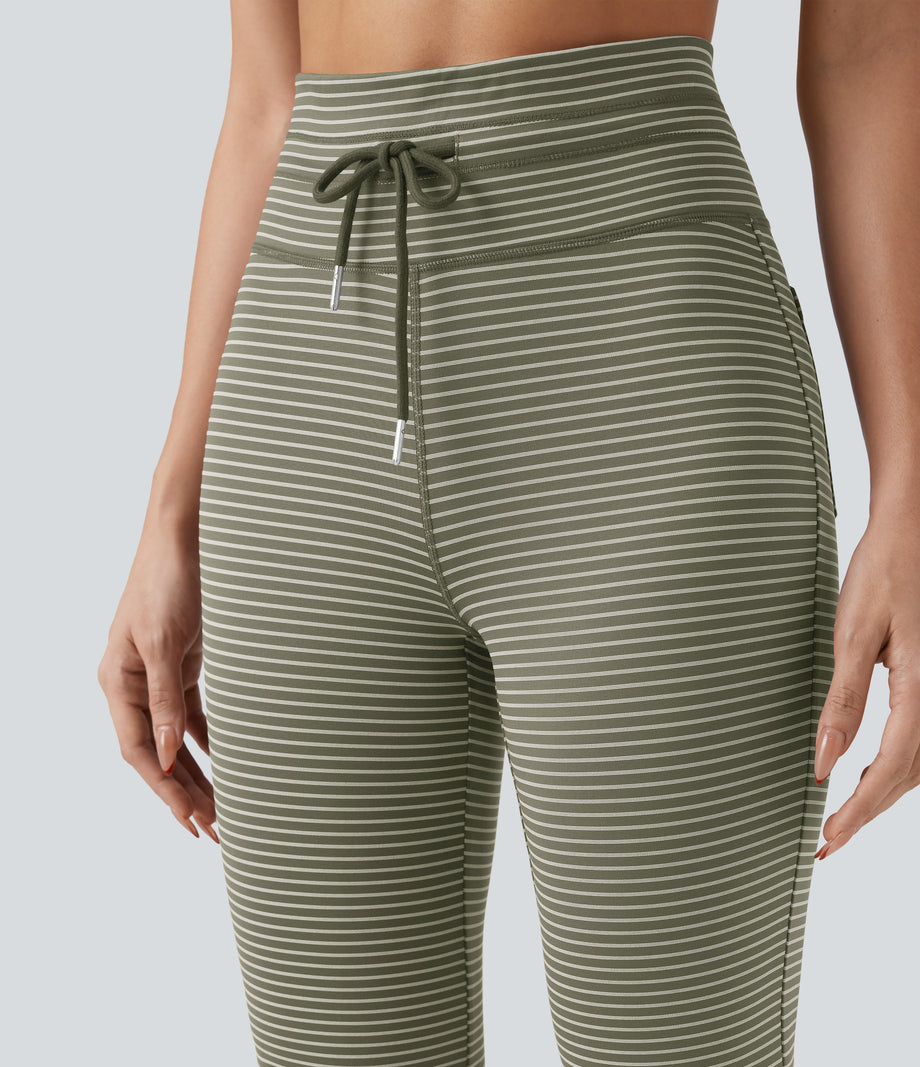 High Waisted Drawstring Stripe Flare Yoga Pants with Pockets - Camo Olive Green
