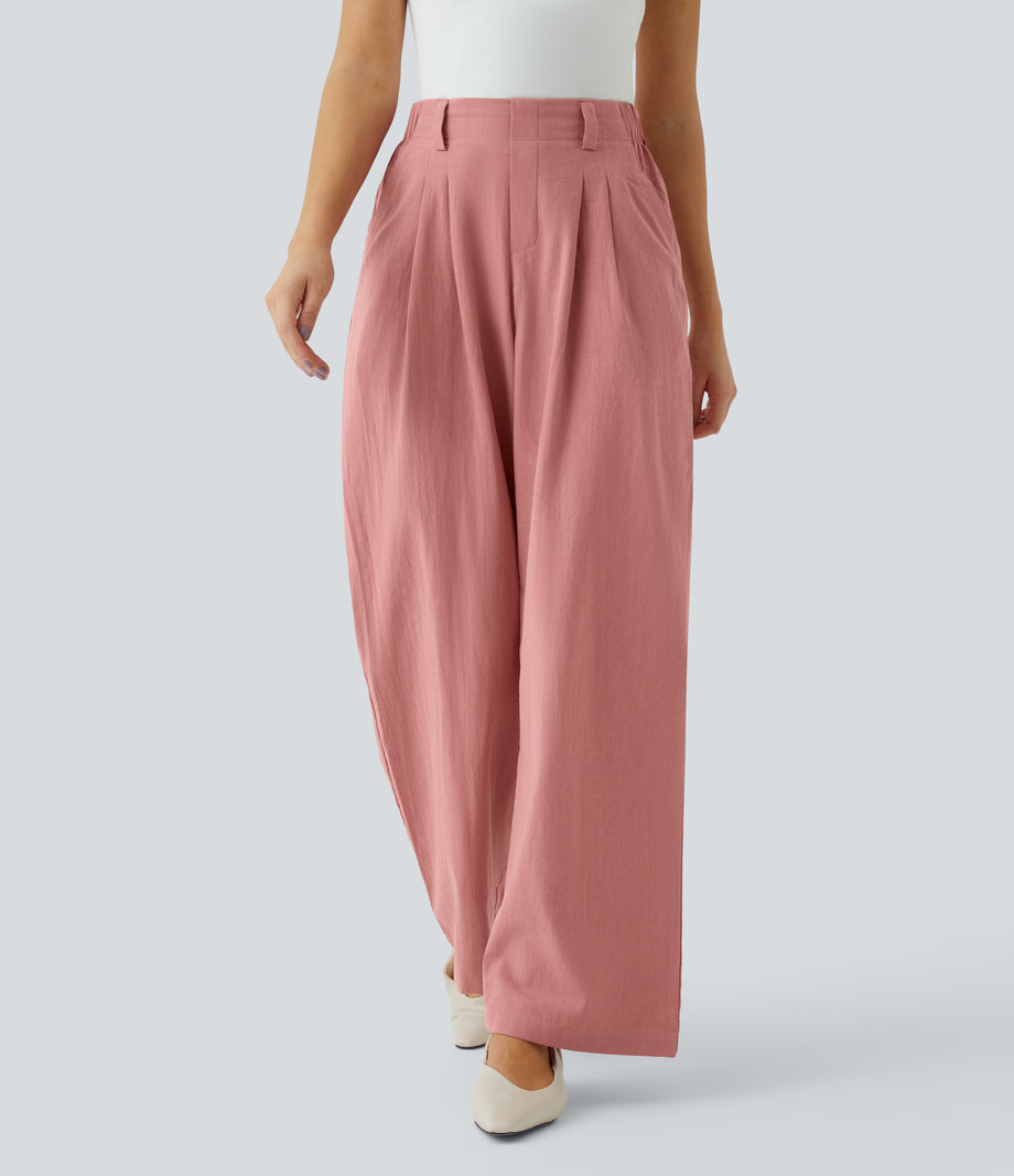 High Waisted Pocket Wide Leg Flowy Solid Palazzo Casual Linen-Feel Pants - Rosette