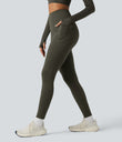 Halara Ultrasculpt™ Heat High Waisted Tummy Control Crossover Back Fleece Running Leggings with Pockets - Forest Night