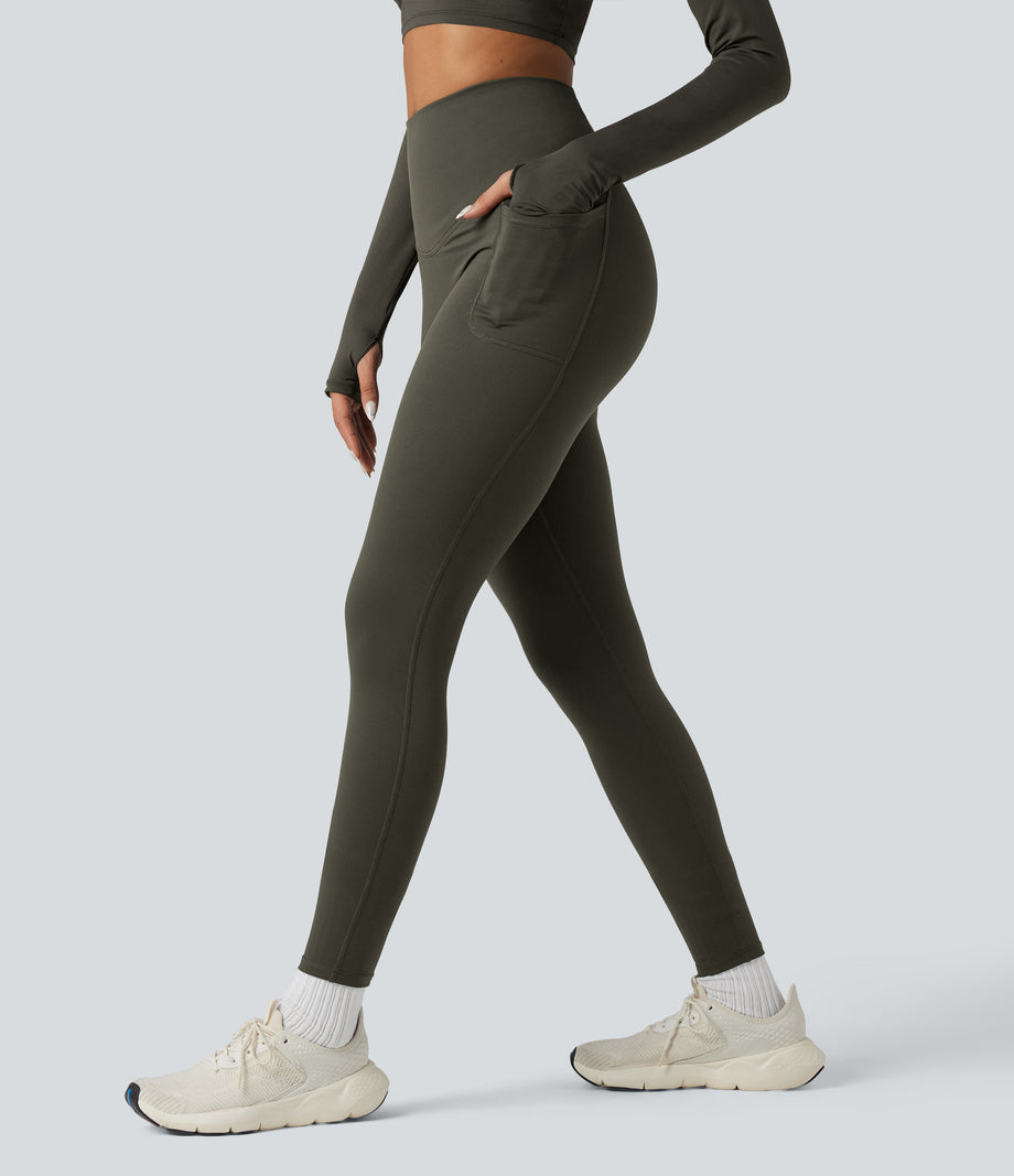 Halara Ultrasculpt™ Heat High Waisted Tummy Control Crossover Back Fleece Running Leggings with Pockets - Forest Night
