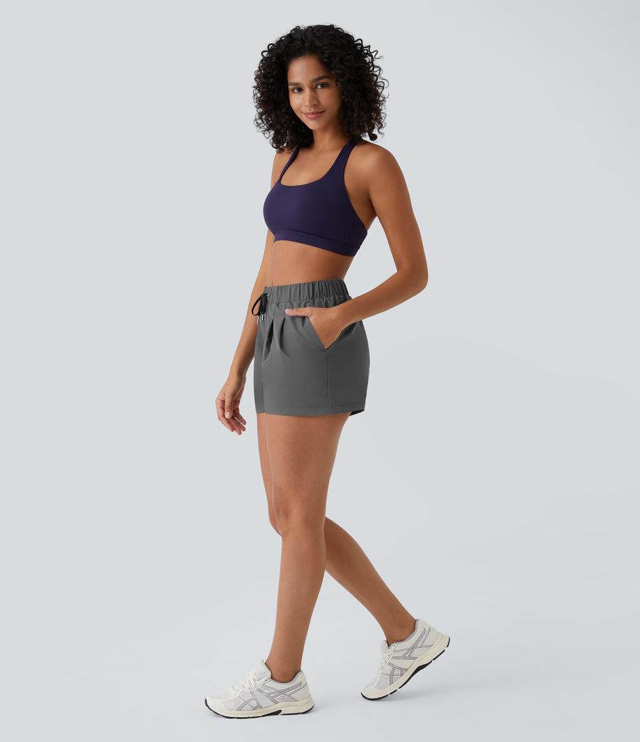 High Waisted Elastic Waistband Drawstring Pleated Yoga Shorts 3" with Pockets - Dark Jade Grey