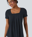 Square Neck Short Sleeve Casual Top - Dark Sapphire