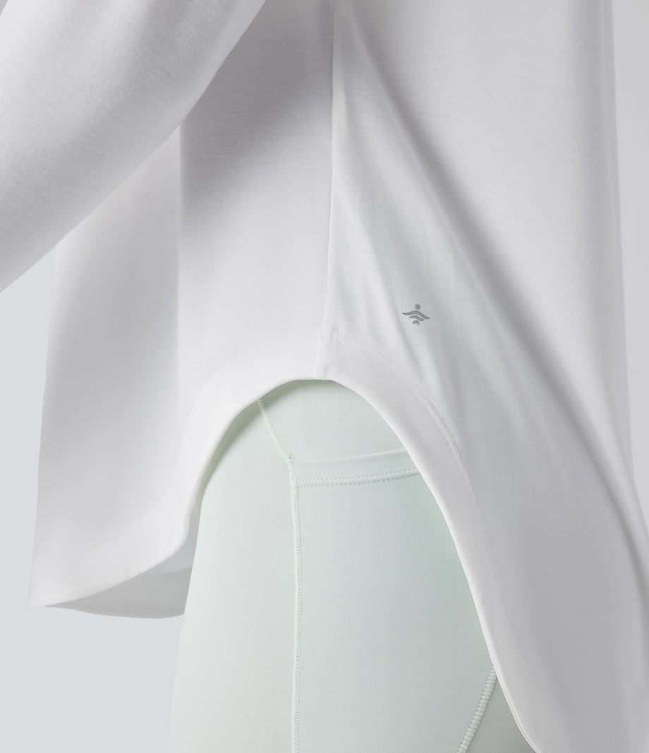 One Shoulder Long Sleeve Thumb Hole Curved Hem High Low Quick Dry Yoga Sports Top-Built-in Bra - White
