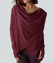 Hooded Cowl Neck Long Sleeve Thumb Hole Yoga Sports Top with Pockets - Chocolate Truffle