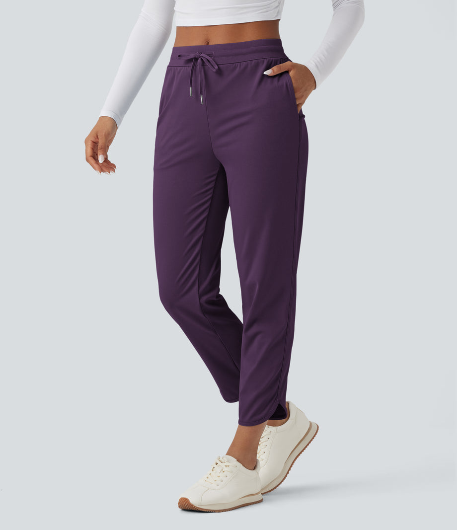 Mid Rise Drawstring Curved Hem Quick Dry Golf Tapered Pants with Pockets-UPF40+ - Blackberry Cordial