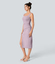 SoftlyZero™ Airy Square Neck Backless Corset Ruched Split Bodycon Midi Cool Touch Bridesmaid and Wedding Guest Dress - Pink Purple