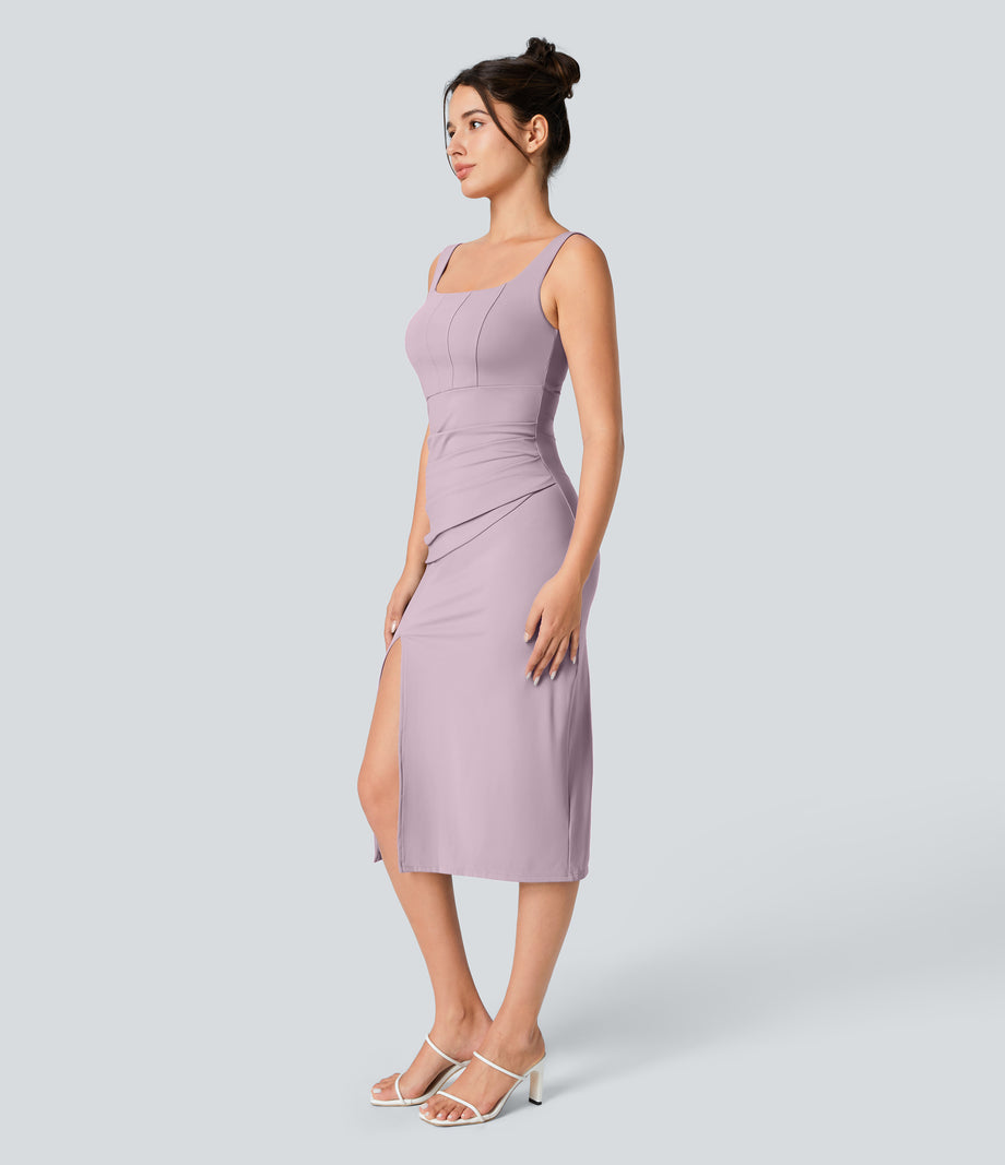 SoftlyZero™ Airy Square Neck Backless Corset Ruched Split Bodycon Midi Cool Touch Bridesmaid and Wedding Guest Dress - Pink Purple