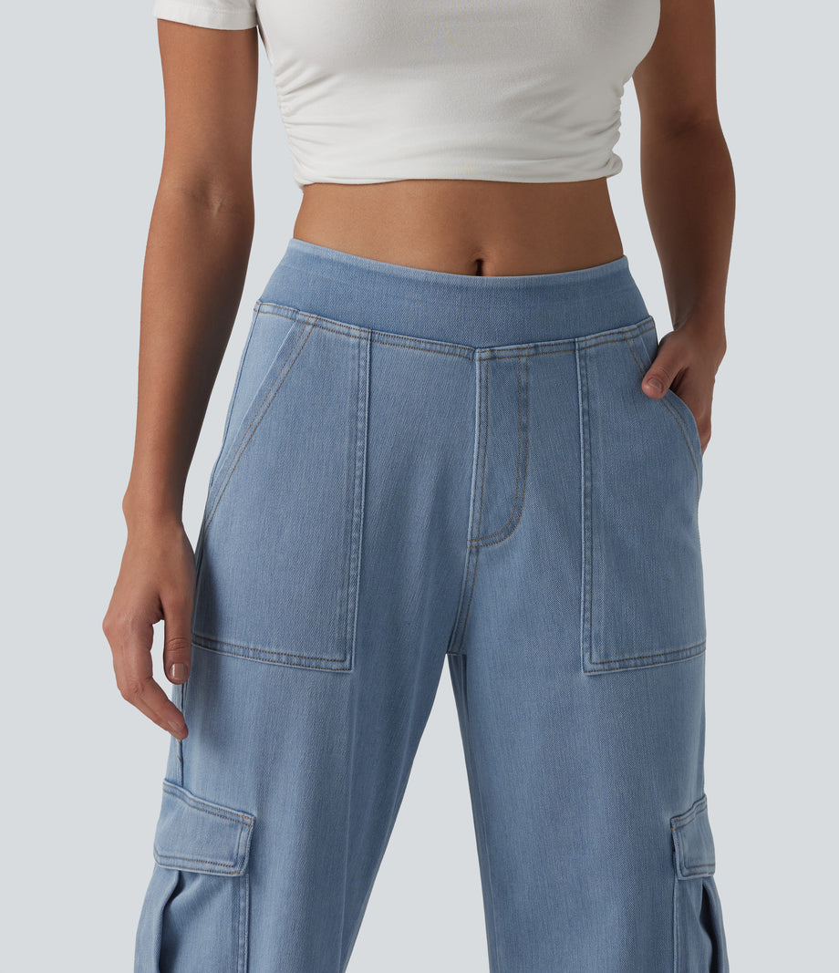 Halara Flex™ Mid Rise Pockets Straight Leg Casual Cargo Jeans - Light Blue – Glacier Light Blue