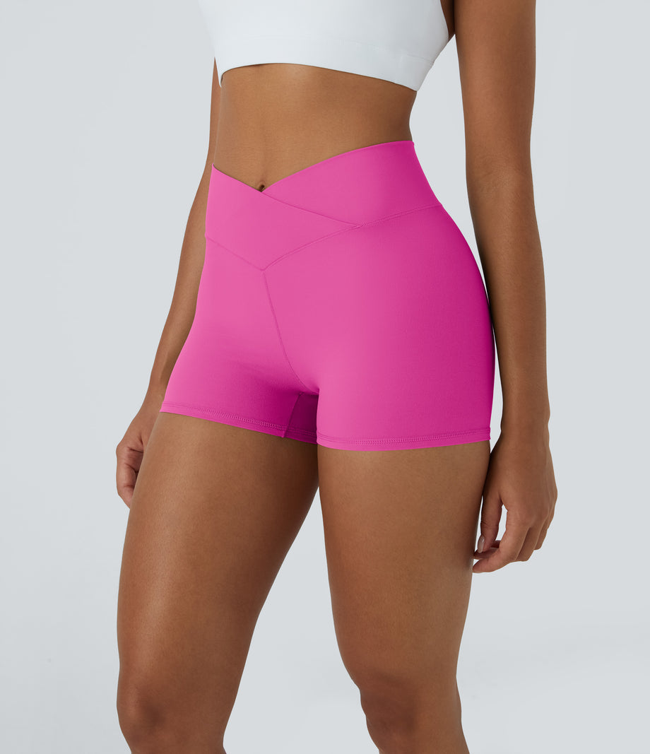 SoftlyZero™ High Waisted Crossover Plain Yoga Biker Shorts 3''-UPF50+ - Fedora Red Purple