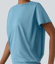 Round Neck Short Sleeve Ruched Cool Touch Yoga Sports Top-UPF50+ - Sky Blue
