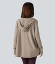 Hooded Cowl Neck Long Sleeve Thumb Hole Yoga Sports Top with Pockets - Humus