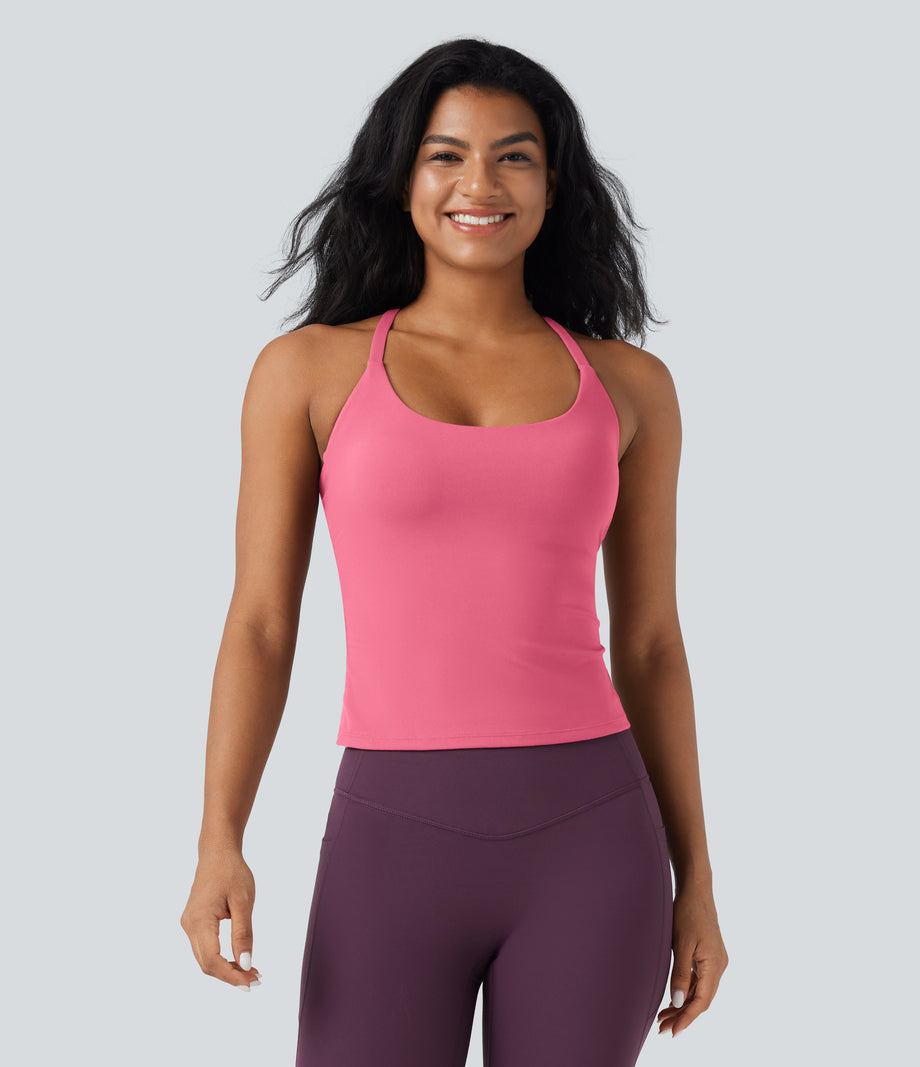 Scoop Neck Crisscross Back Crossover Hem Yoga Cami Top - Pink Lemonade