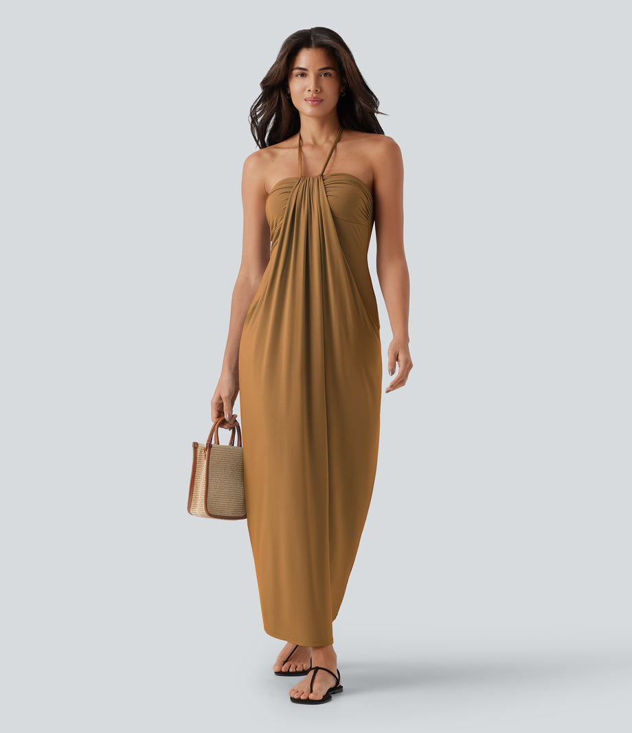 Halter Tie Back Maxi Dress with Pockets - Sudan Brown