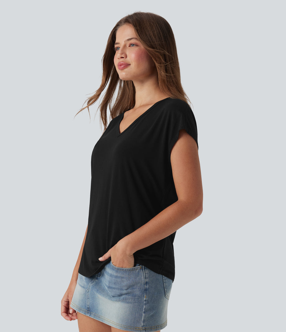 V Neck Short Sleeve Casual T-Shirt - Black