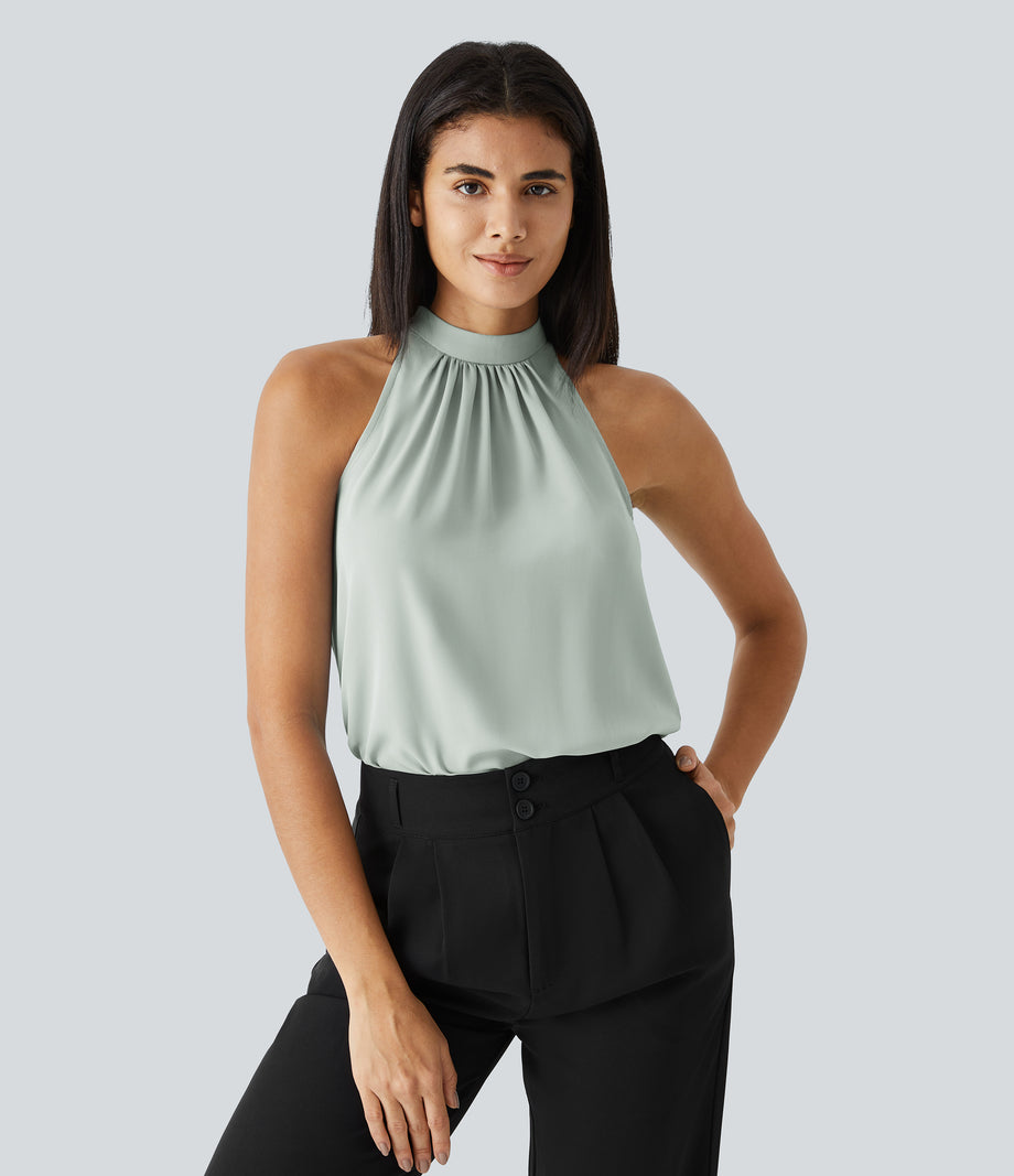 Keyhole Back Halter Sleeveless Curved Hem Work Blouse - Pale Clay Green