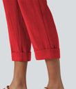 High Waisted Zipper Pocket Cropped Linen-Feel Pants - High Risk Red