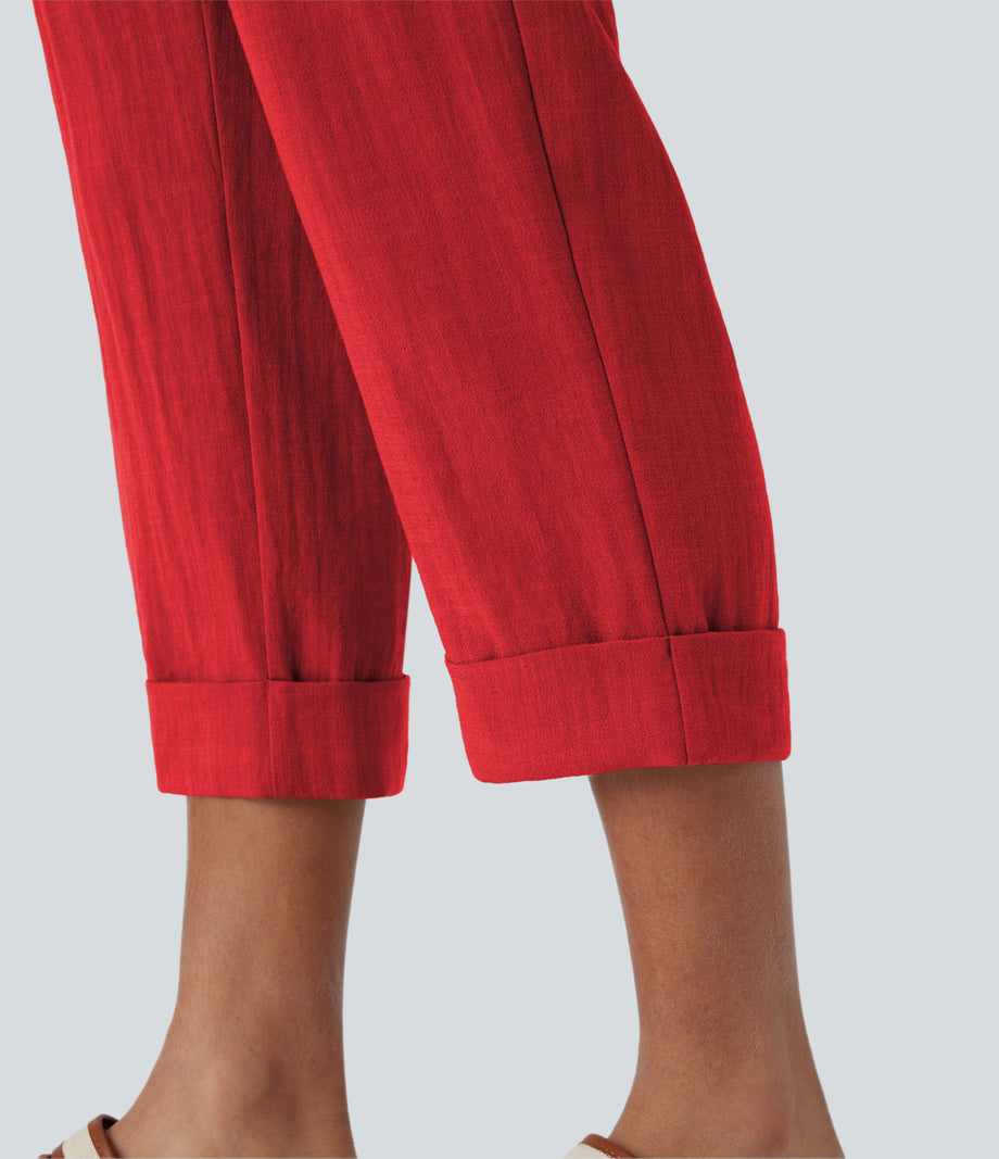High Waisted Zipper Pocket Cropped Linen-Feel Pants - High Risk Red
