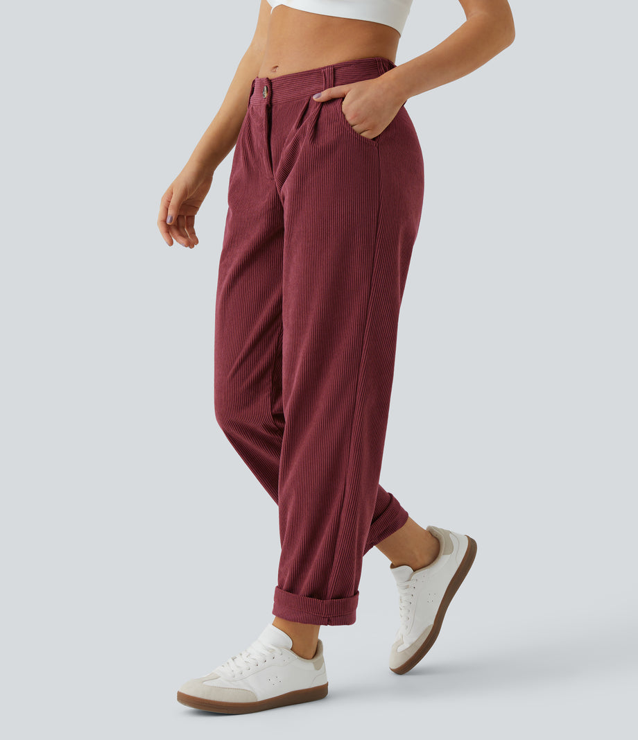 Mid Rise Zipper Pocket Corduroy Casual Pants - Pomegranate