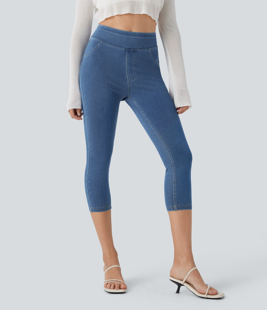 Halara Flex™ High Waisted Pocket Denim Capri Casual Leggings - Denim Dark Blue