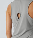 Cut Out Crossover Hem Solid Yoga Tank Top - Mist Grey