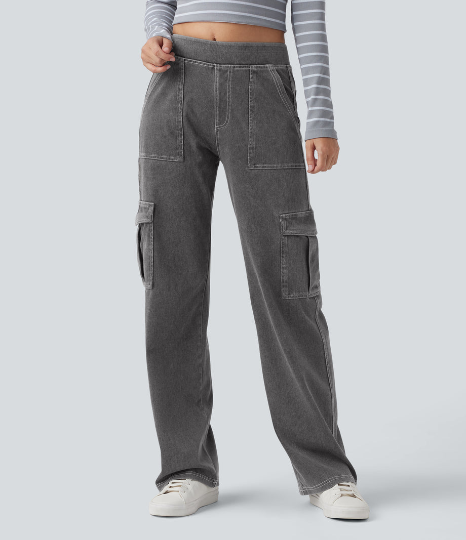 Halara Flex™ Mid Rise Pockets Straight Leg Casual Cargo Jeans - Cool Gray Denim