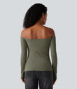 Ribbed Knit Off Shoulder Long Sleeve 2-in-1 Casual Top - Dusty Olive
