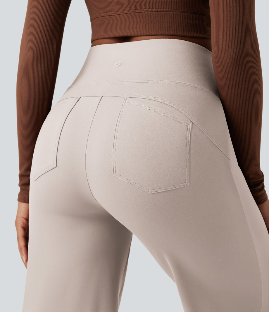 DayStretch High Waisted Tummy Control Wide Leg Baggy Yoga Pants with Pockets - Oat Milk
