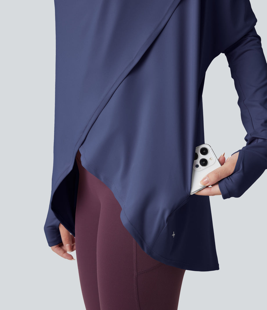 Hooded Cowl Neck Long Sleeve Thumb Hole Yoga Sports Top with Pockets - Patriot Blue