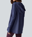Hooded Cowl Neck Long Sleeve Thumb Hole Yoga Sports Top with Pockets - Patriot Blue