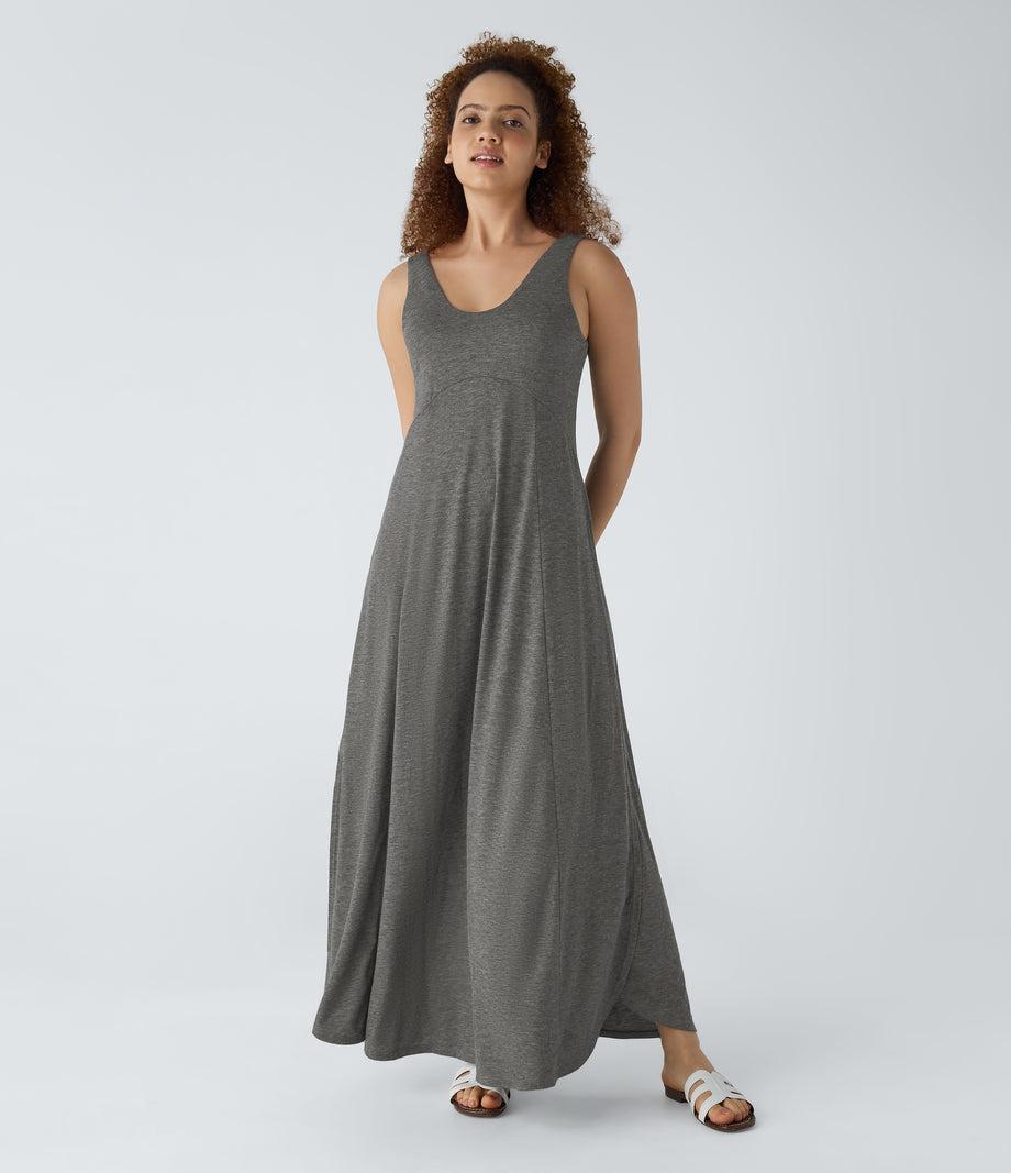 U Neck Flowy Maxi Casual Tank Dress - Darl Gray Floral Yarn