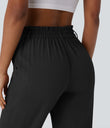 High Waisted Zipper Pocket Cropped Linen-Feel Pants - Black