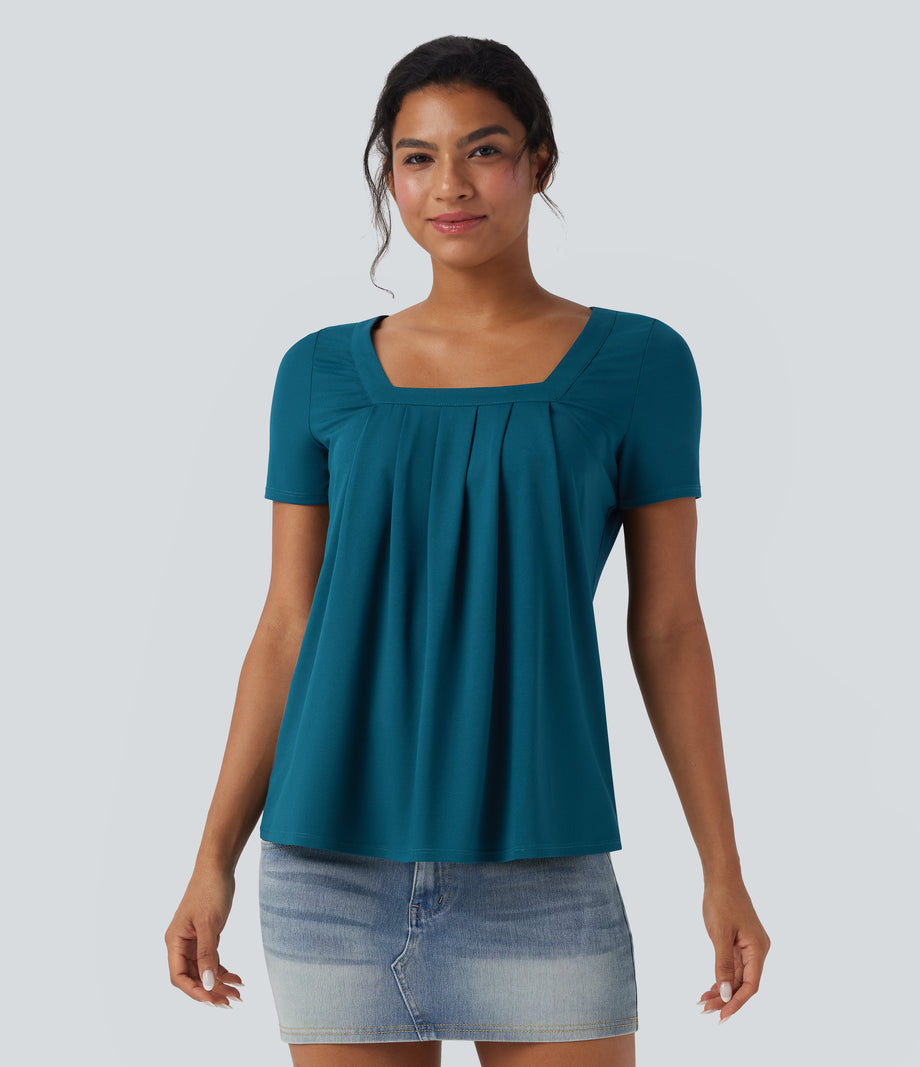 Square Neck Short Sleeve Casual Top - Crystal Teal