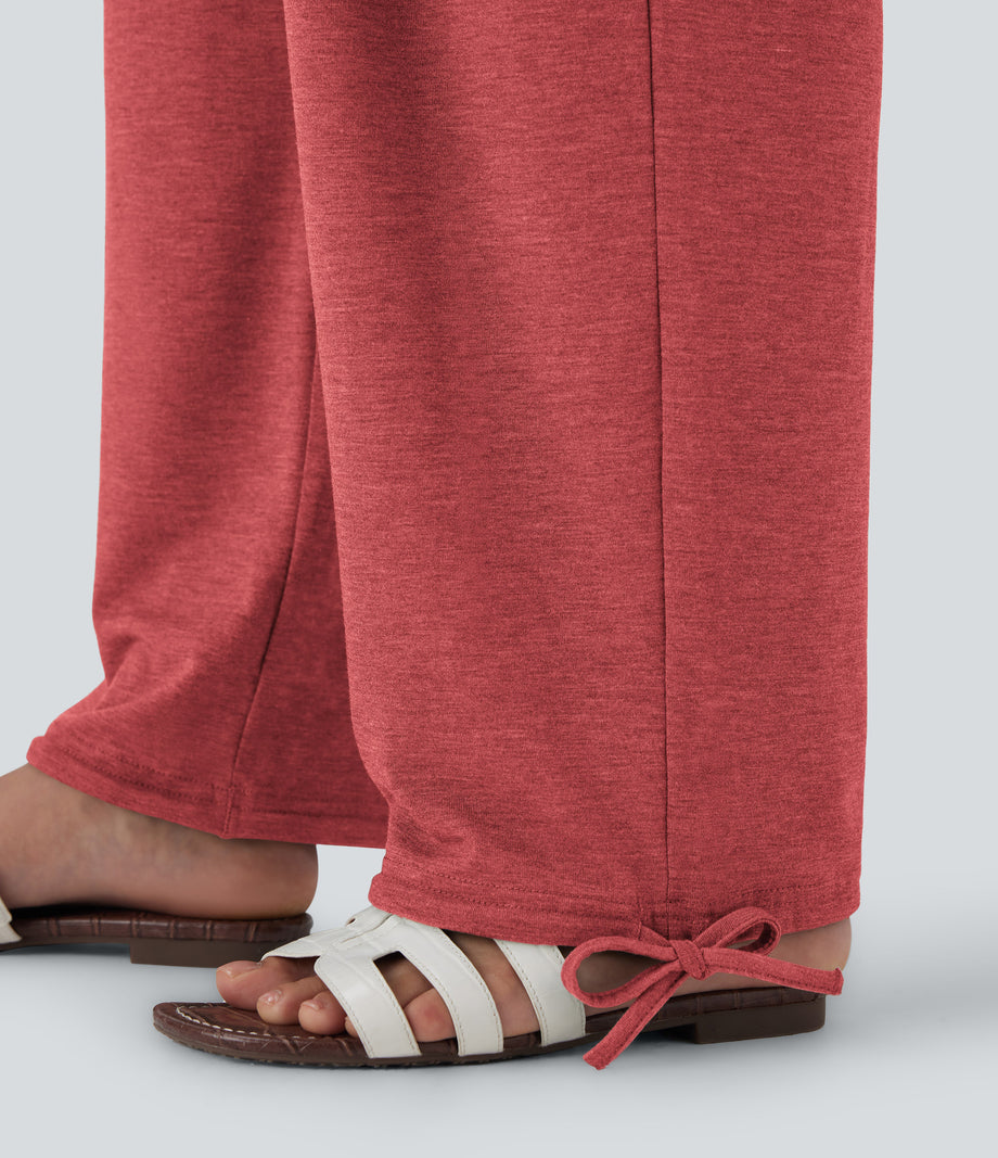 Crossover High Waisted Pocket Drawstring Casual Joggers - Poinsettia Floral Yarn