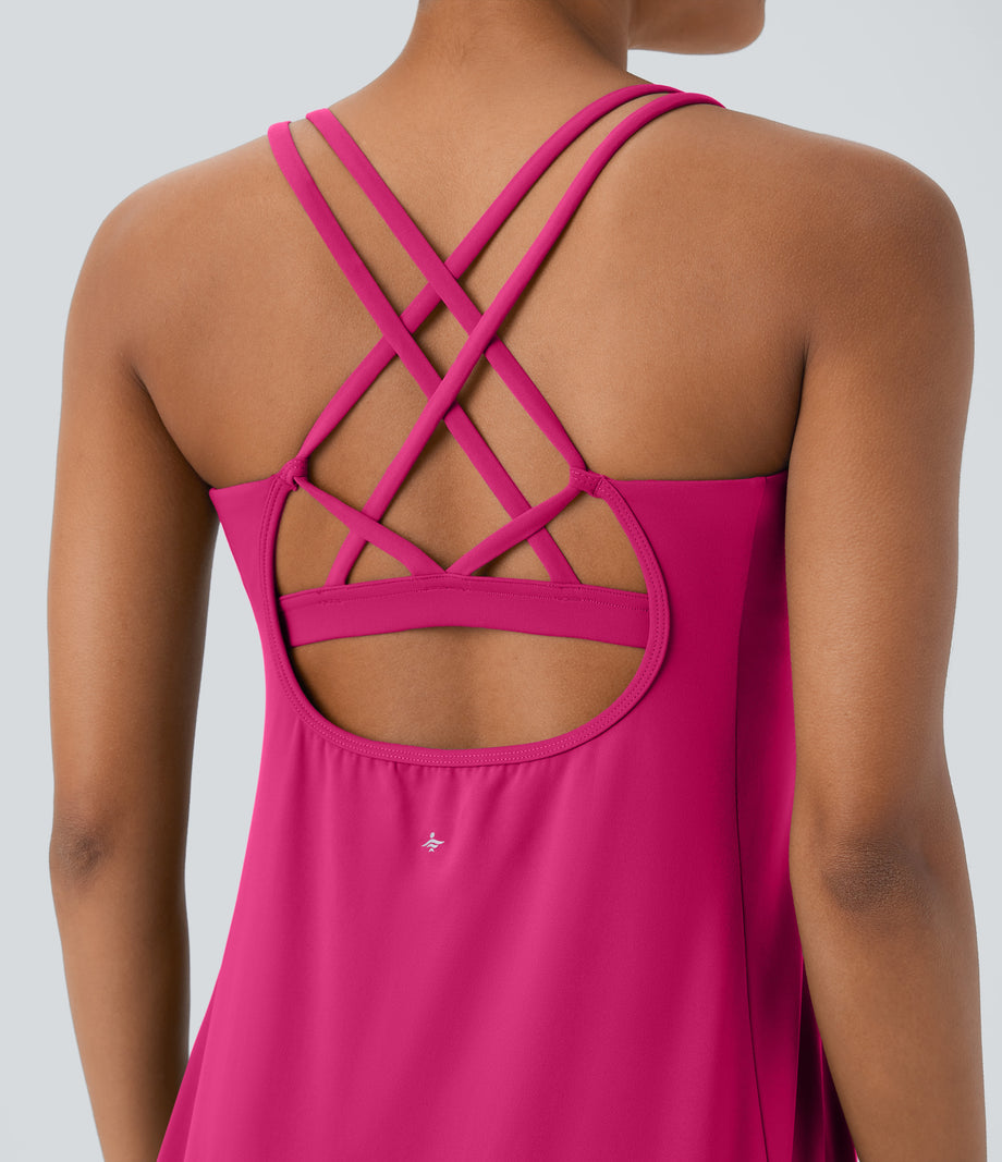 SoftlyZero™ Plush Cut Out Pocket 2-Piece Mini Yoga Active Dress - Fuchsia Purple