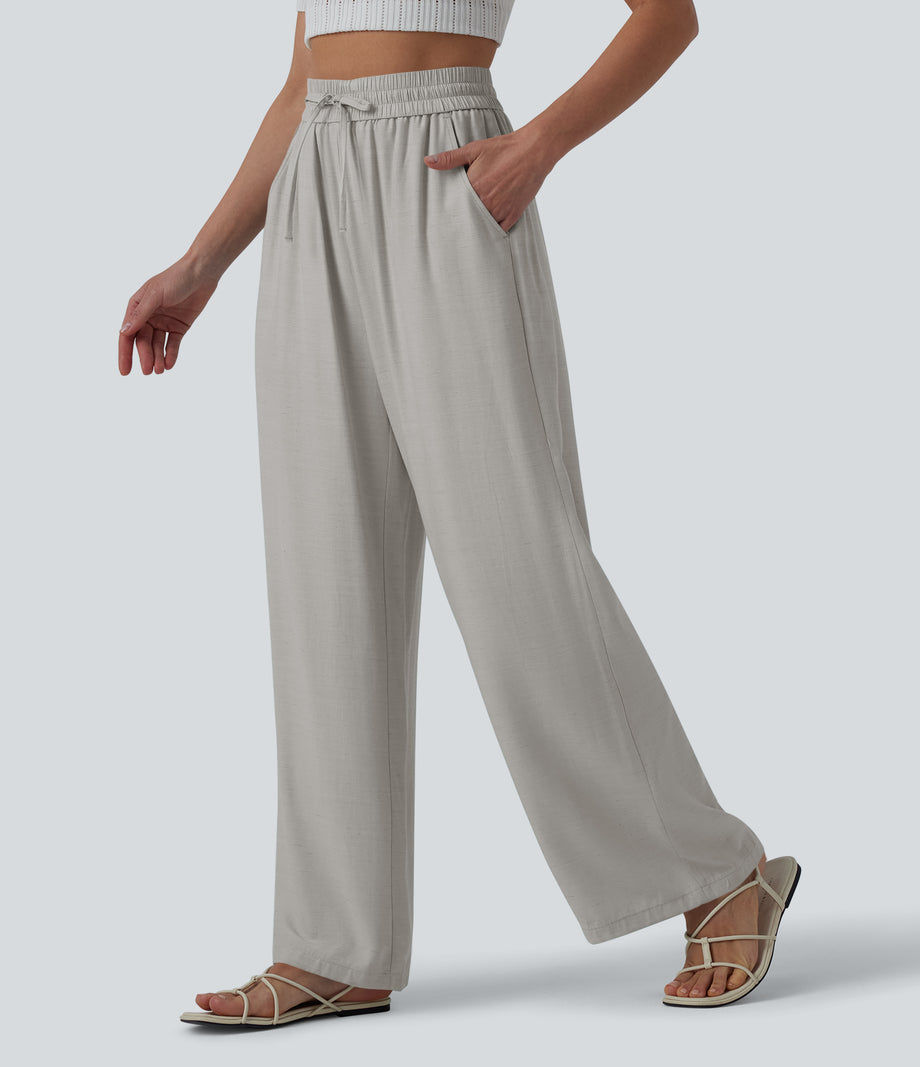 High Waisted Drawstring Wide Leg Casual Linen-Blend Pants with Pockets - Quarry