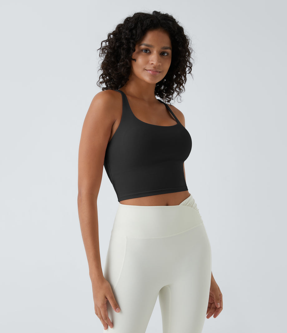 Crisscross Backless Built-in Bra Cropped Running Tank Top A-D Cups - Black