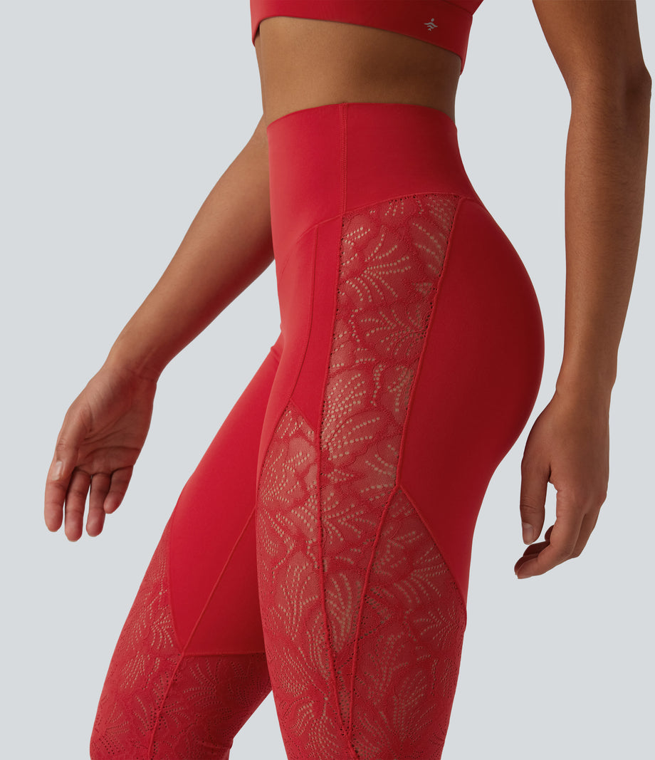 Halara UltraSculpt™ High Waisted Tummy Control Contrast Lace Yoga Flare Leggings with Pocket - Aura Orange