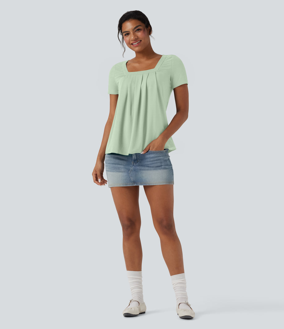 Square Neck Short Sleeve Casual Top - Spray