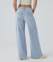 Halara Flex™ Low Rise Zipper Pockets Washed Baggy Wide Leg Casual Jeans - Light Azure Denim