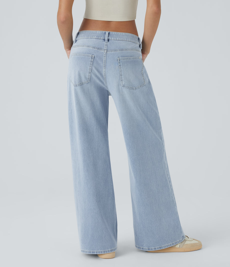 Halara Flex™ Low Rise Zipper Pockets Washed Baggy Wide Leg Casual Jeans - Light Azure Denim