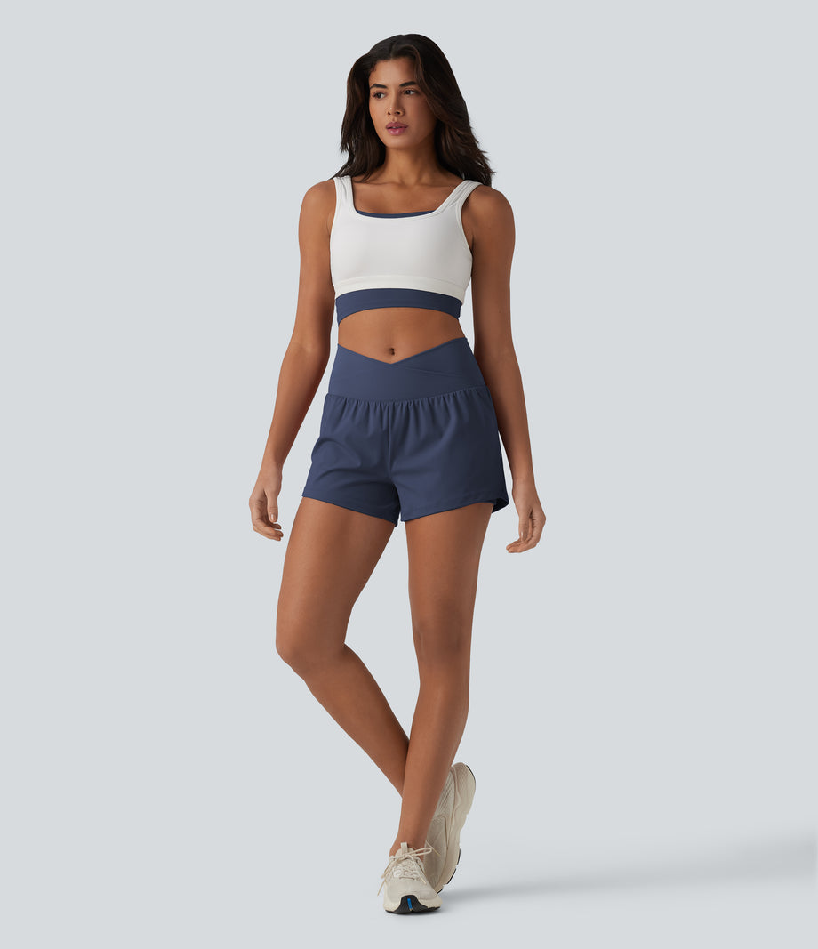 SoftlyZero™ Airy Crossover High Waisted 2-in-1 Cool Touch Yoga Shorts 3'' with Pockets - Mood Indigo