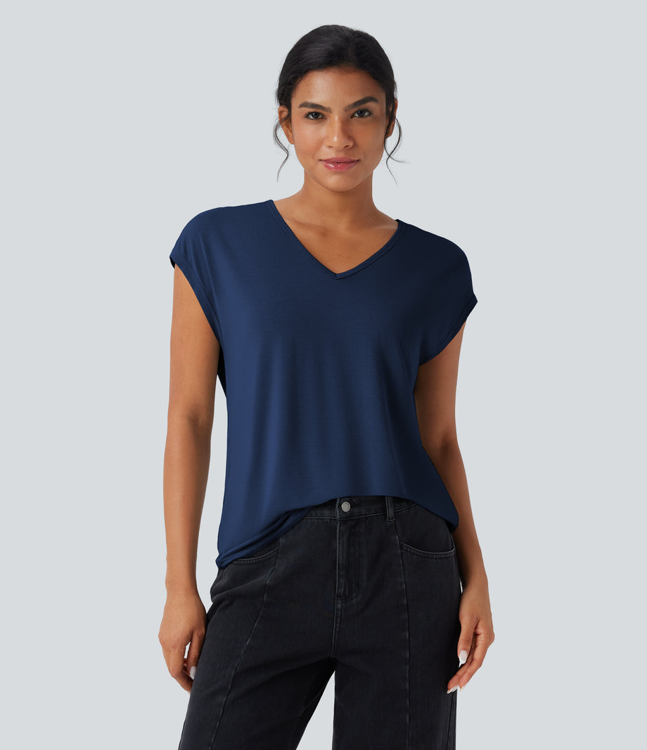 V Neck Short Sleeve Casual T-Shirt - Sodalite Blue