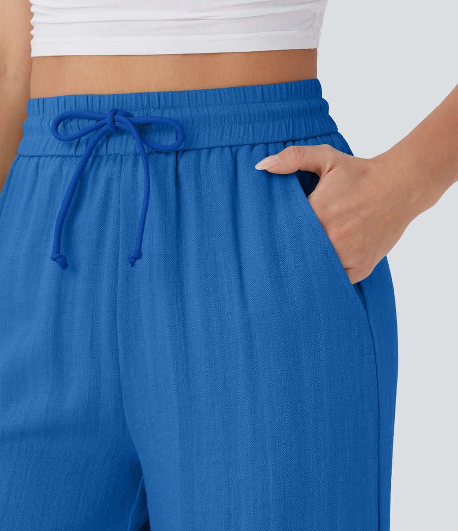 High Waisted Drawstring Pocket Wide Leg Baggy Casual Linen-Feel Pants - Strong Blue