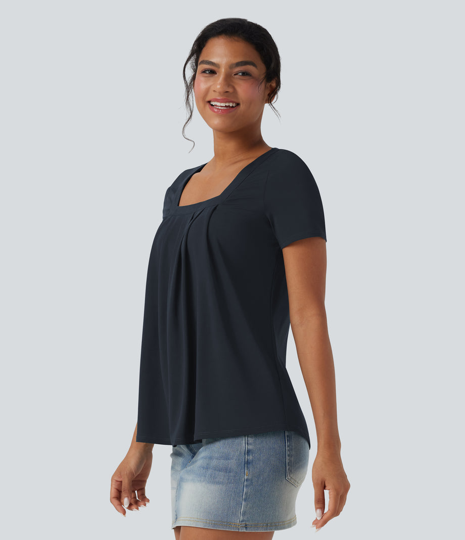Square Neck Short Sleeve Casual Top - Dark Sapphire