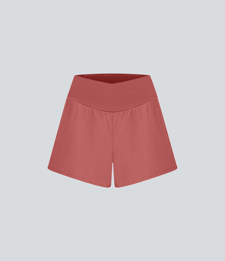Breezeful™ High Waisted Crossover Pocket 2-in-1 Quick Dry Yoga Shorts 4" - Kapok Red