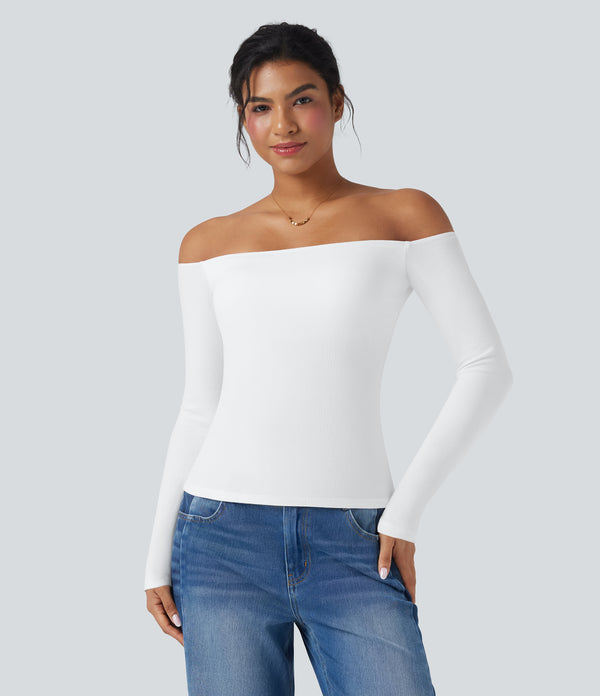 Ribbed Knit Off Shoulder Long Sleeve 2-in-1 Casual Top - White