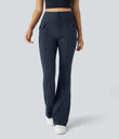 High Waisted Side Flap Pocket Flare Casual Cargo Pants - Midnight Blue