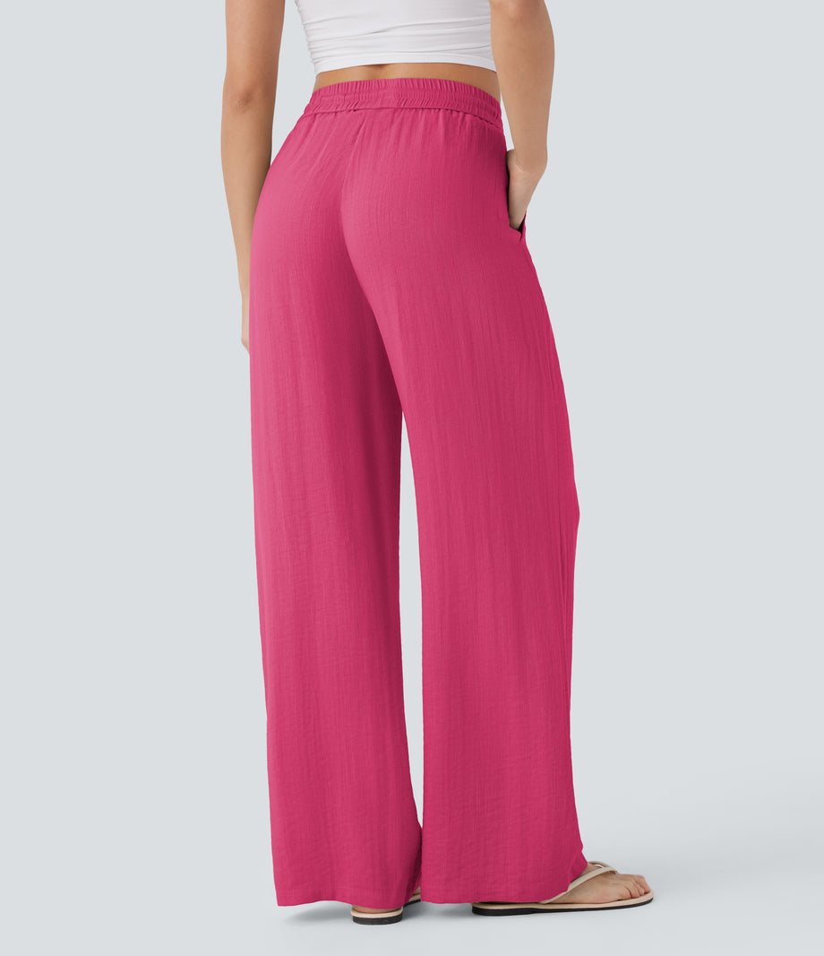 High Waisted Drawstring Pocket Wide Leg Baggy Casual Linen-Feel Pants - Raspberry Sorbet
