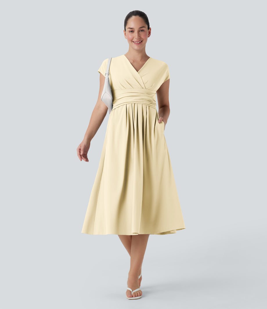 Breezeful™ V Neck Short Sleeve Pocket Tie Back Quick Dry Midi Casual Dress - Afterglow